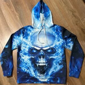 3D-printed blue flaming skull hoodie, unisex size Lg kangaroo pockets